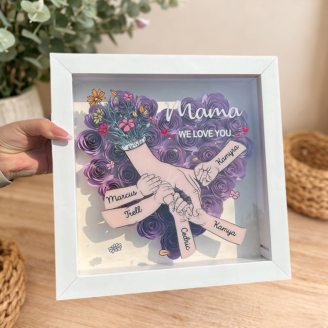 Personalized “Mama, We Love You” Holding Hands Flower Shadow Box – Custom Kids’ Names, Gift for Mom or Grandma