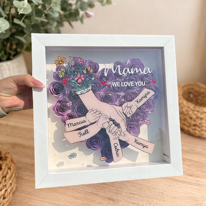 Personalized “Mama, We Love You” Holding Hands Flower Shadow Box – Custom Kids’ Names, Gift for Mom or Grandma