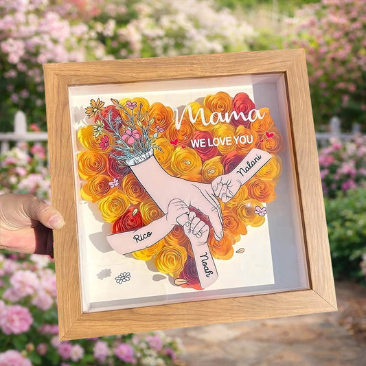 Personalized “Mama, We Love You” Holding Hands Flower Shadow Box – Custom Kids’ Names, Gift for Mom or Grandma