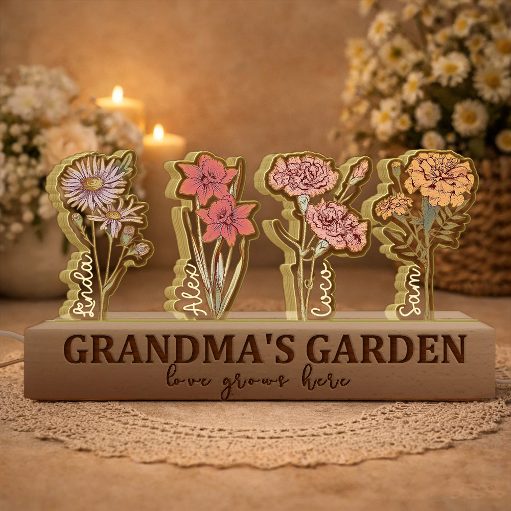 Custom Grandma's Garden Love Grows Here Birth Flower Wood Night Light Unique Gifts for Mom Grandma Christmas Gift