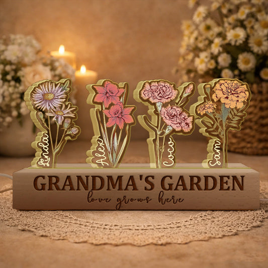Custom Grandma's Garden Love Grows Here Birth Flower Wood Night Light Unique Gifts for Mom Grandma Christmas Gift