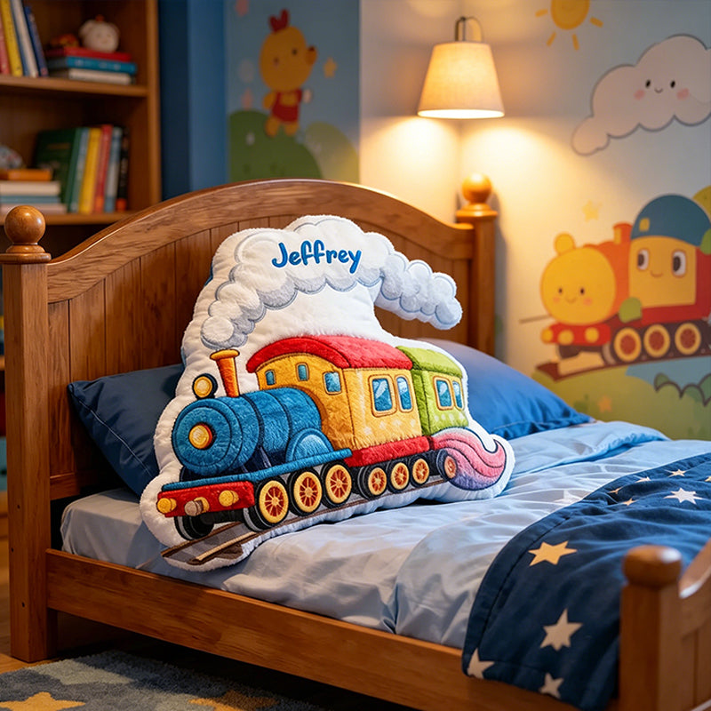 Personalized Train-Shaped Pillow with Name – 3D Graphic Print, Christmas & Birthday Gift for Kids and Babies