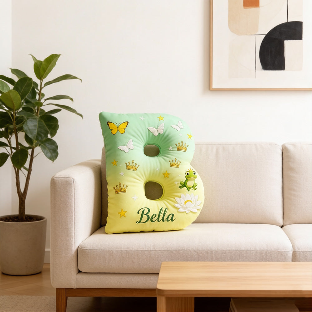 Personalized Cartoon Frog Love Tale Alphabet Pillow with Custom Initial, Kids Christmas Birthday Gift Plush Cushion