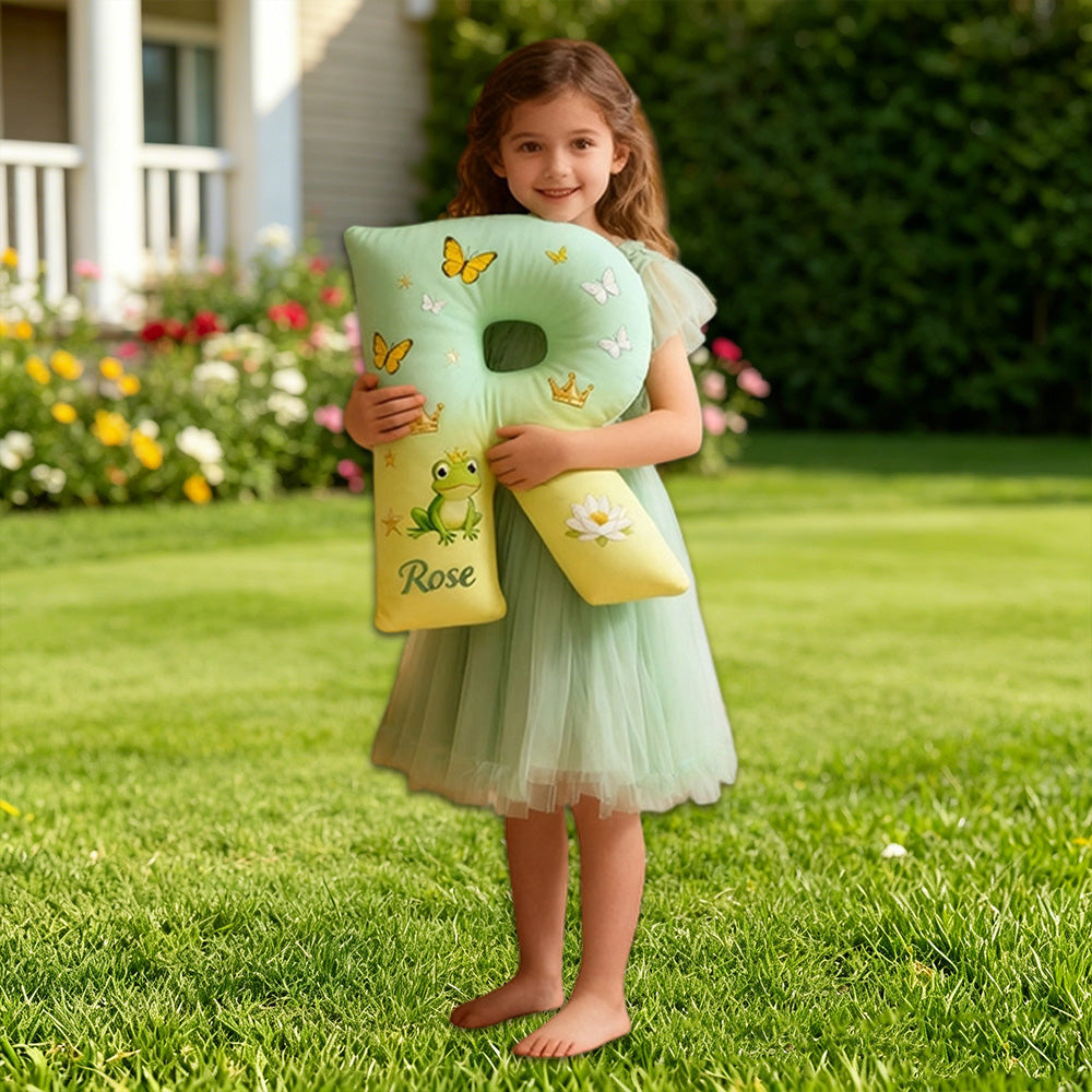 Personalized Cartoon Frog Love Tale Alphabet Pillow with Custom Initial, Kids Christmas Birthday Gift Plush Cushion