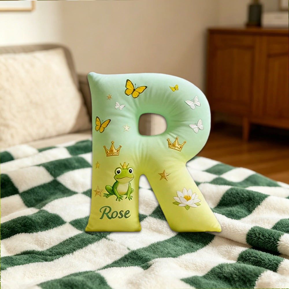 Personalized Cartoon Frog Love Tale Alphabet Pillow with Custom Initial, Kids Christmas Birthday Gift Plush Cushion