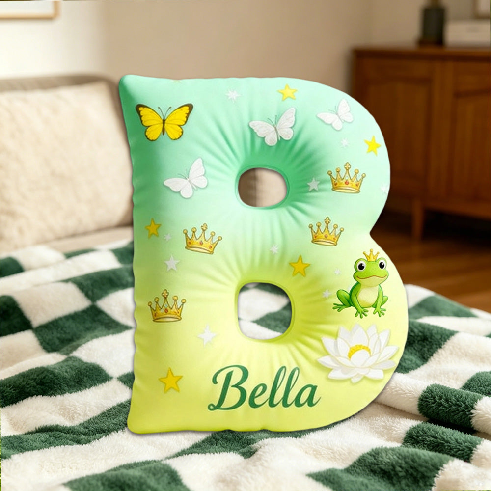 Personalized Cartoon Frog Love Tale Alphabet Pillow with Custom Initial, Kids Christmas Birthday Gift Plush Cushion