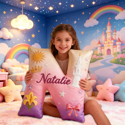Personalized Cartoon Tower Love Tale Alphabet Pillow with Custom Initial, Kids Christmas Birthday Gift Plush Cushion