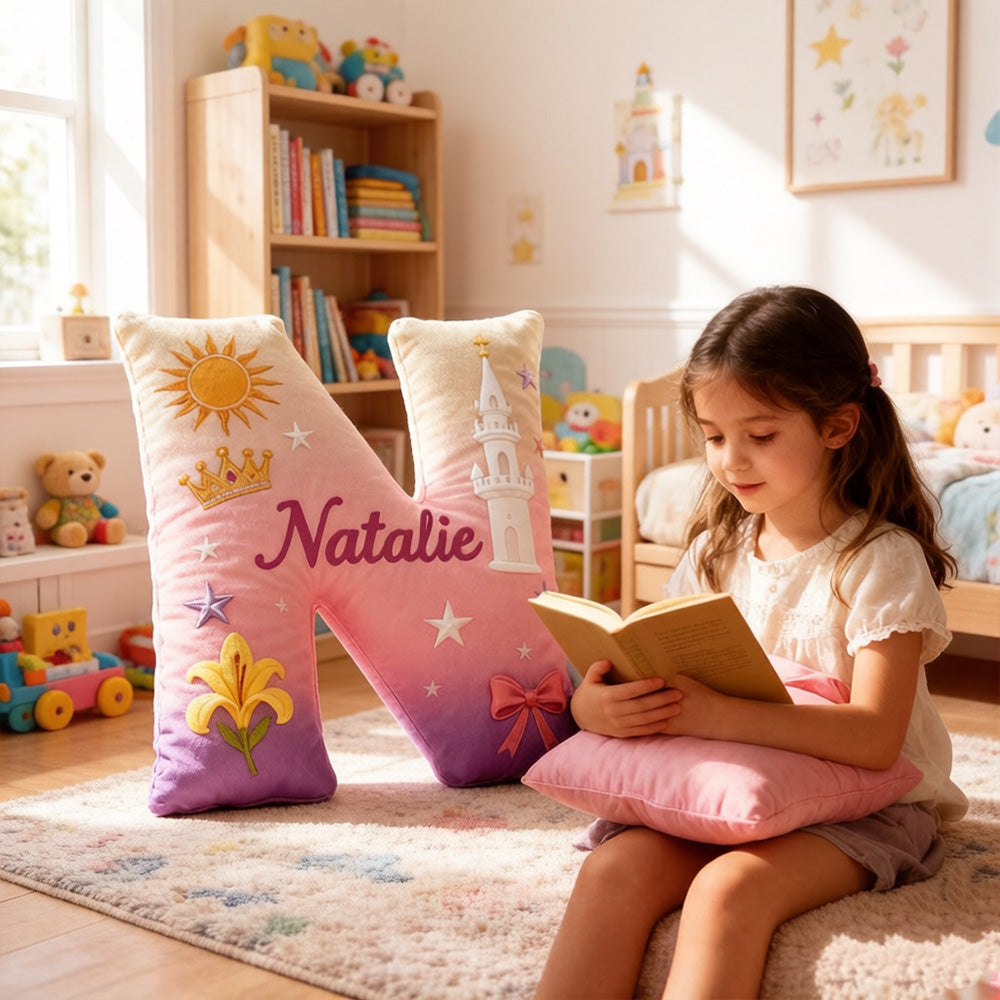 Personalized Cartoon Tower Love Tale Alphabet Pillow with Custom Initial, Kids Christmas Birthday Gift Plush Cushion