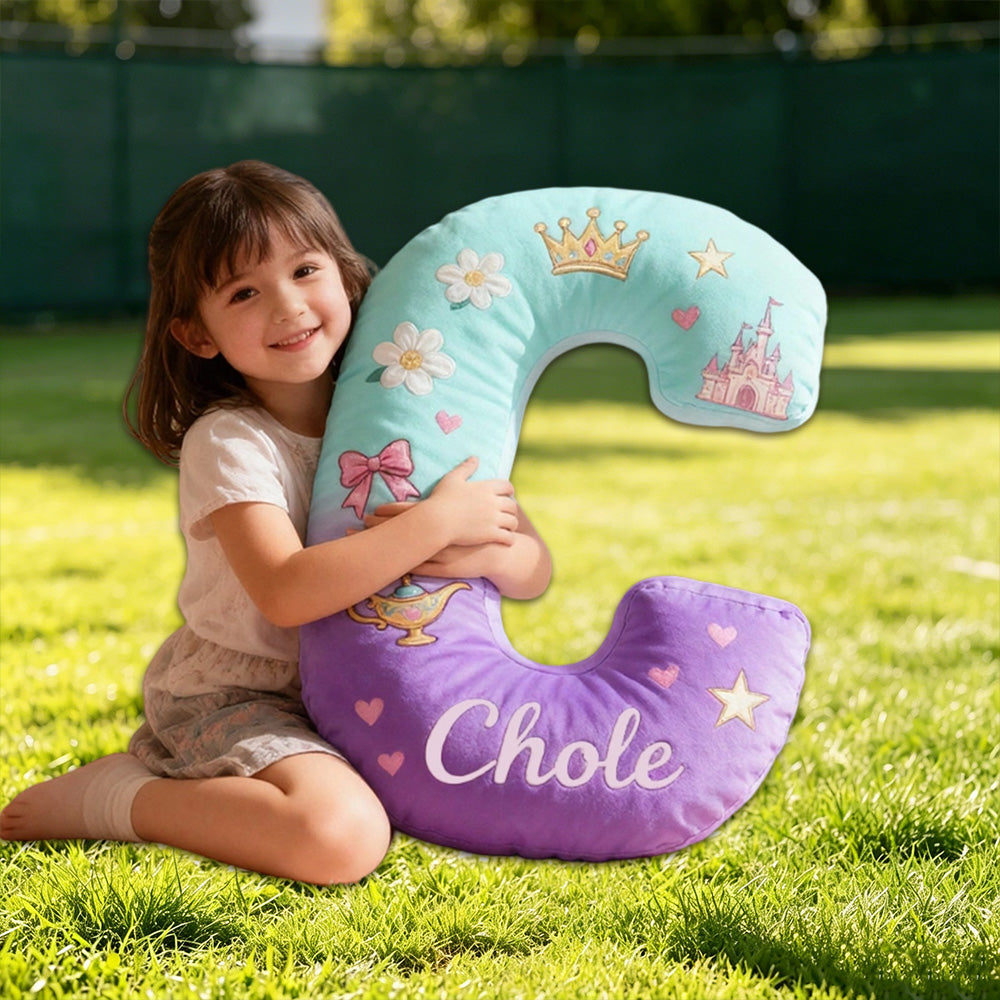 Personalized Cartoon Little Wish Tale Alphabet Pillow with Custom Initial, Kids Christmas Birthday Gift Plush Cushion