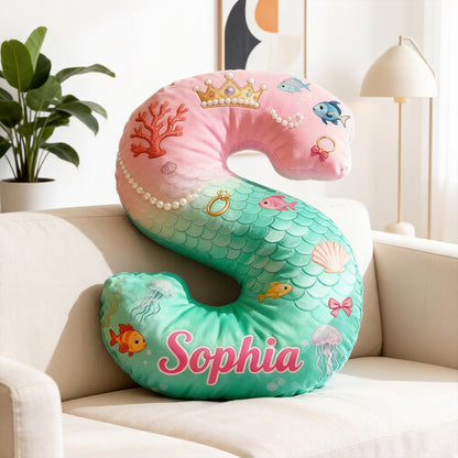 Personalized Cartoon Ocean Love Tale Alphabet Pillow with Custom Initial, Kids Christmas Birthday Gift Plush Cushion