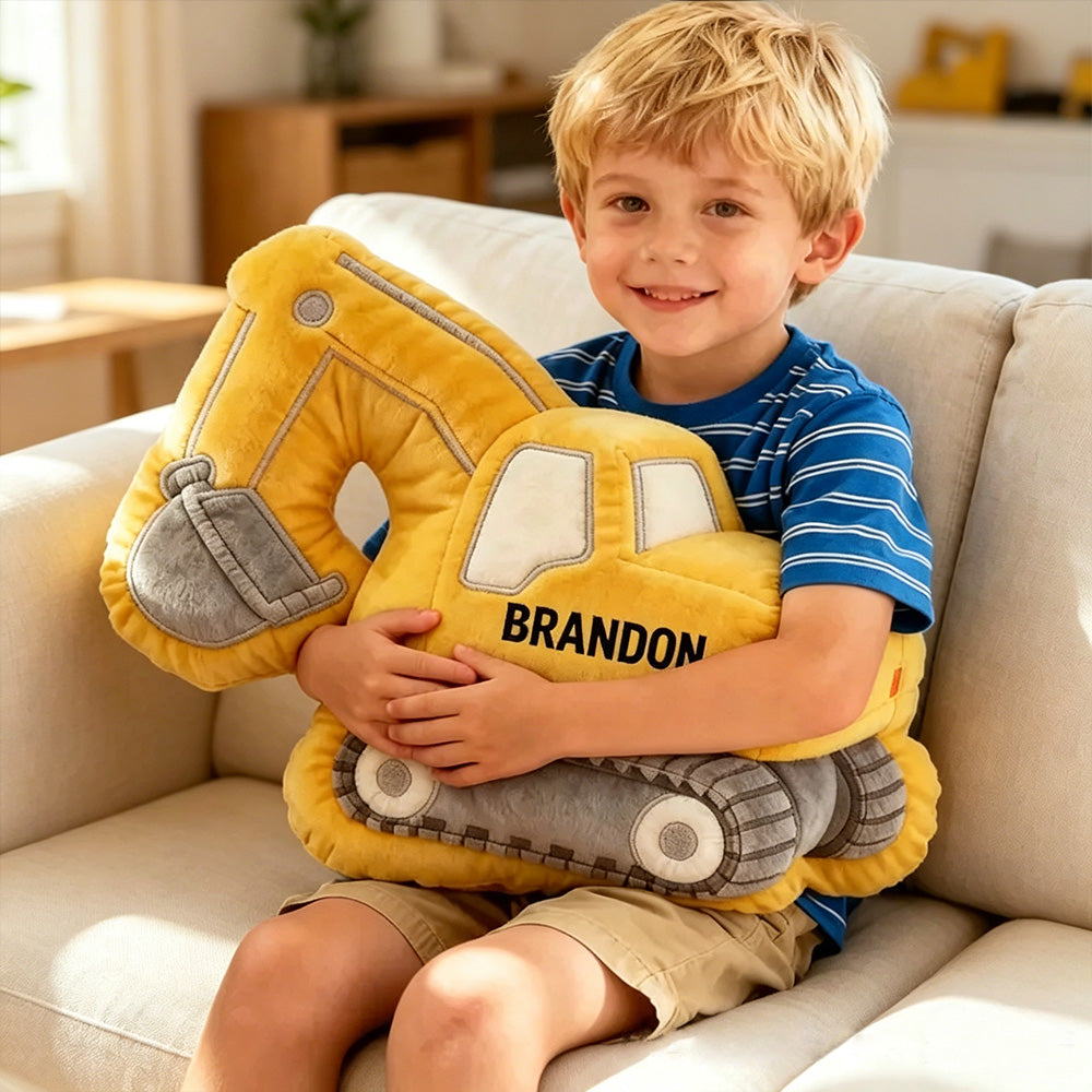 Personalized 3D Excavator Plush Pillow – Soft, Custom Name Cushion for Boys’ Rooms and Playrooms