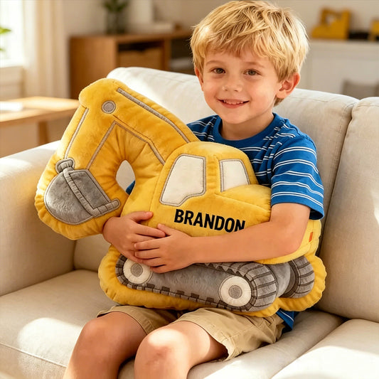 Personalized 3D Excavator Plush Pillow – Soft, Custom Name Cushion for Boys’ Rooms and Playrooms