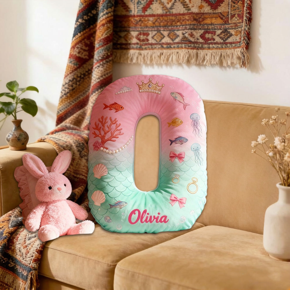 Personalized Cartoon Ocean Love Tale Alphabet Pillow with Custom Initial, Kids Christmas Birthday Gift Plush Cushion