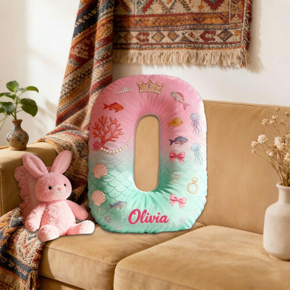 Personalized Cartoon Ocean Love Tale Alphabet Pillow with Custom Initial, Kids Christmas Birthday Gift Plush Cushion