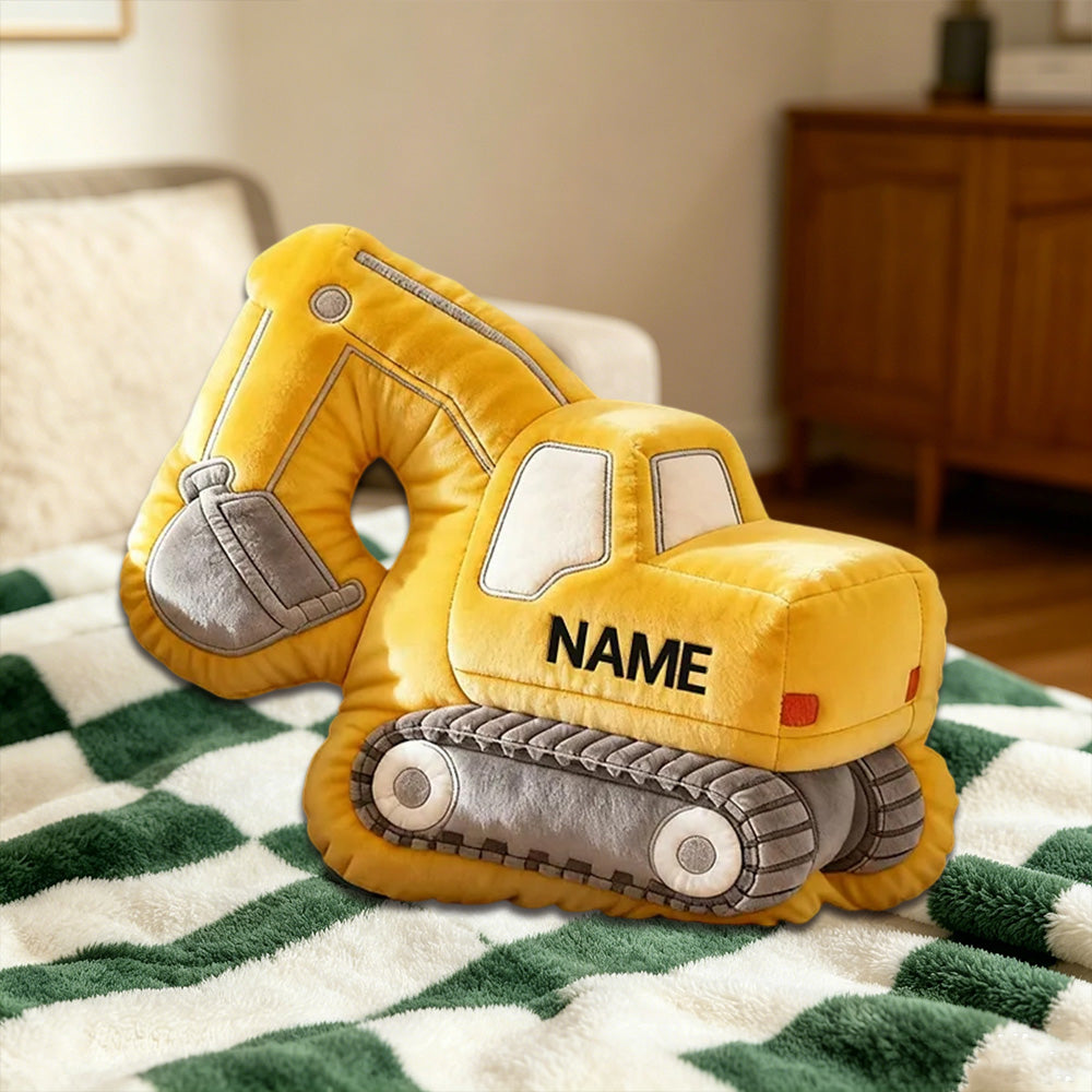 Personalized 3D Excavator Plush Pillow – Soft, Custom Name Cushion for Boys’ Rooms and Playrooms