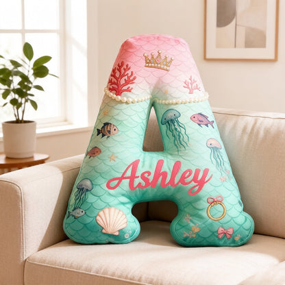 Personalized Cartoon Ocean Love Tale Alphabet Pillow with Custom Initial, Kids Christmas Birthday Gift Plush Cushion