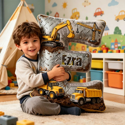 Personalized Construction Vehicle Letter Pillow Custom Name Excavator & Dump Truck Graphic 3D Print Cushion for Kids Room Decor Gift