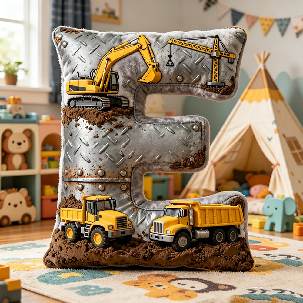 Personalized Construction Vehicle Letter Pillow Custom Name Excavator & Dump Truck Graphic 3D Print Cushion for Kids Room Decor Gift