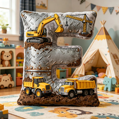 Personalized Construction Vehicle Letter Pillow Custom Name Excavator & Dump Truck Graphic 3D Print Cushion for Kids Room Decor Gift