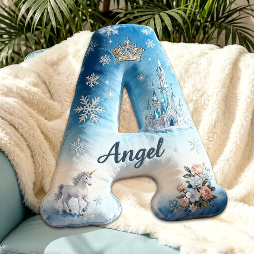 Personalized Ice Fairy Tale Alphabet Shaped Pillow with Custom Initial, Kids Christmas Birthday Gift Plush Cushion