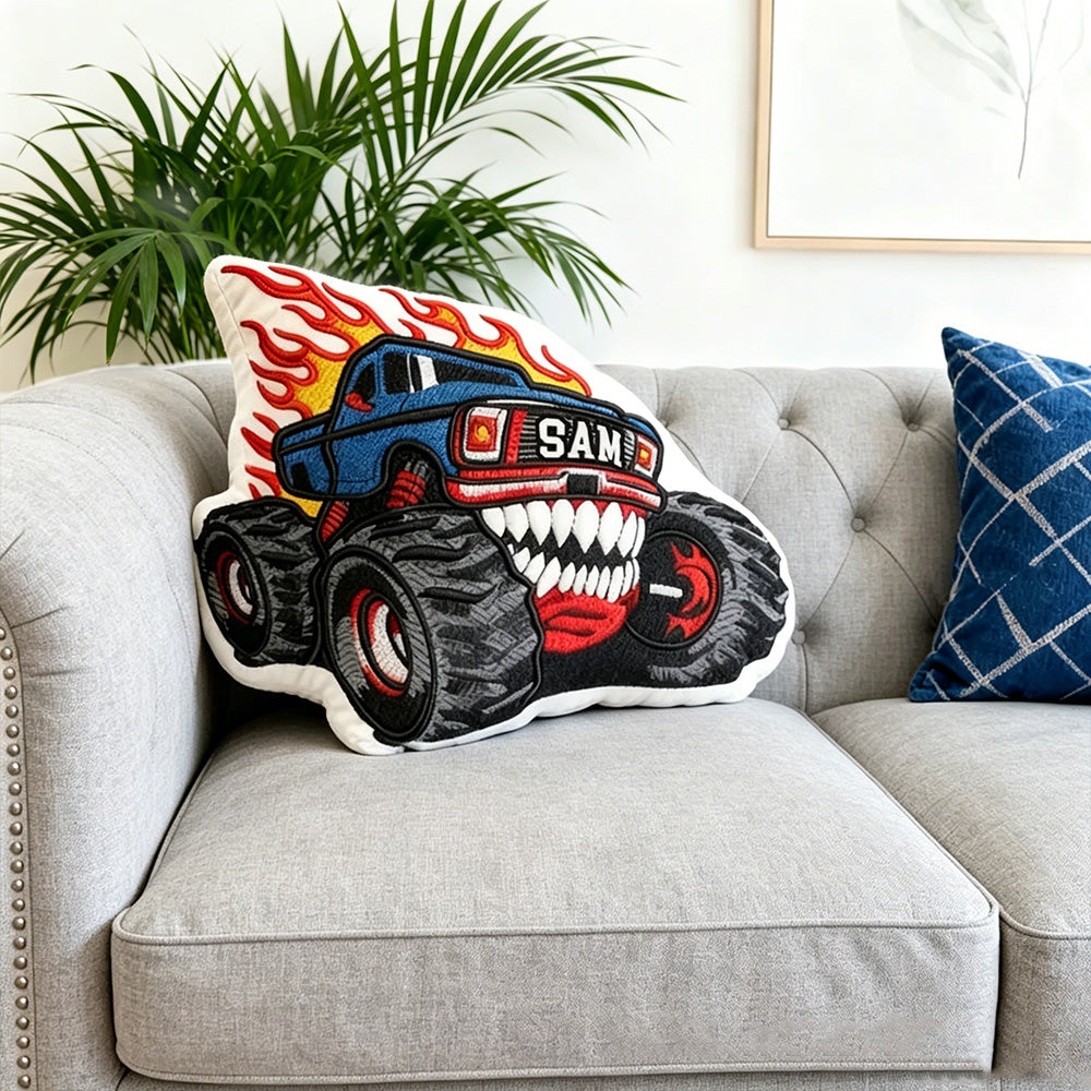 Personalized Flame Monster Truck Shaped Pillow with Custom Name Fun Gift for Kids