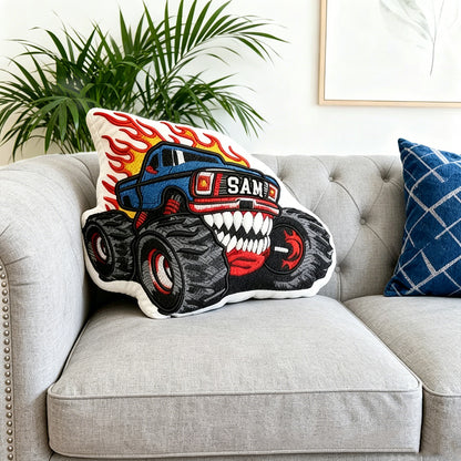 Personalized Flame Monster Truck Shaped Pillow with Custom Name Fun Gift for Kids
