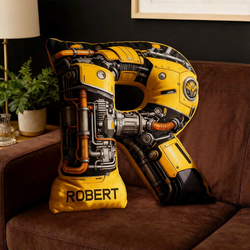 Personalized Yellow Machine Movie Alphabet Shaped Pillow with Custom Initial, Kids Birthday & Christmas Gift Cushion