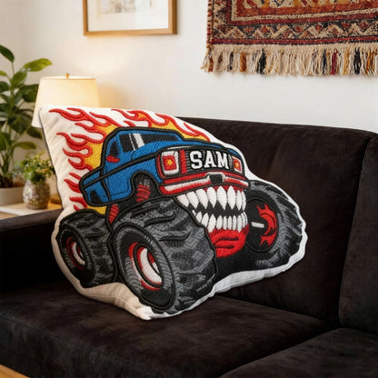 Personalized Flame Monster Truck Shaped Pillow with Custom Name Fun Gift for Kids