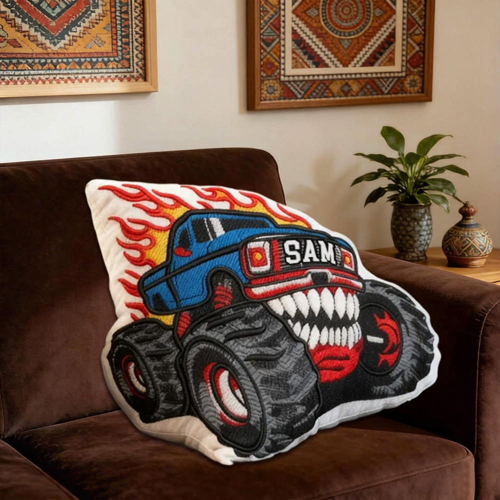 Personalized Flame Monster Truck Shaped Pillow with Custom Name Fun Gift for Kids