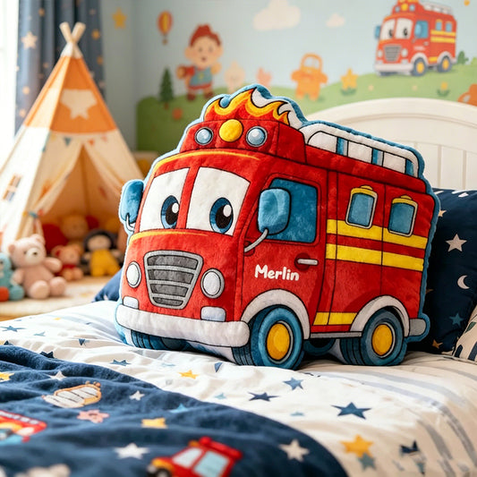 Personalized Fire Truck Pillow Custom Name Fire Engine Cushion Gift for Boys and Vehicle Lovers