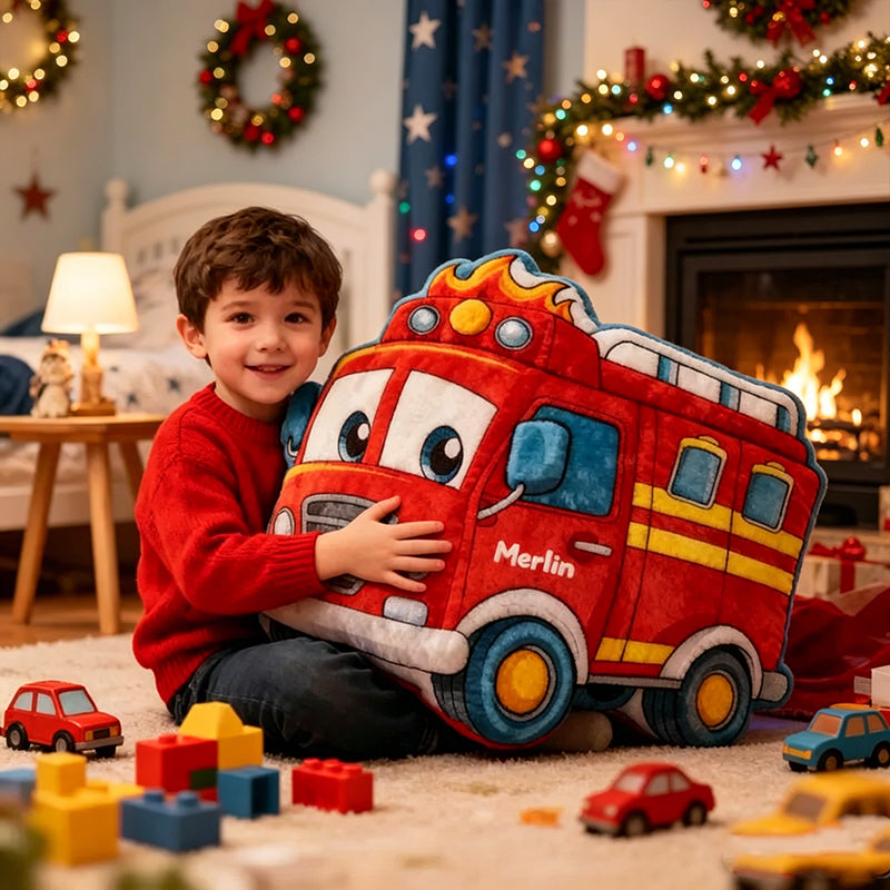 Personalized Fire Truck Pillow Custom Name Fire Engine Cushion Gift for Boys and Vehicle Lovers