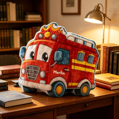 Personalized Fire Truck Pillow Custom Name Fire Engine Cushion Gift for Boys and Vehicle Lovers