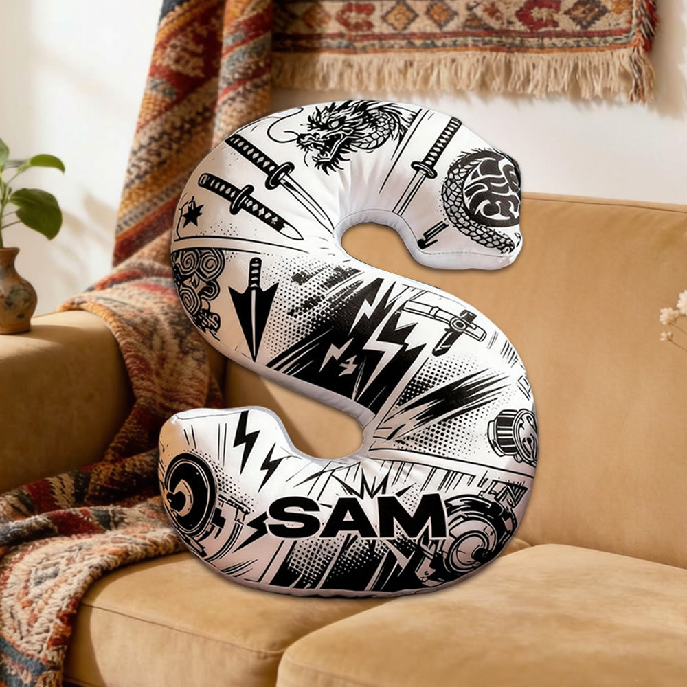 Personalized Japanese Anime Comic Style Alphabet Pillow with Custom Initial, Kids & Teens Christmas Birthday Gift