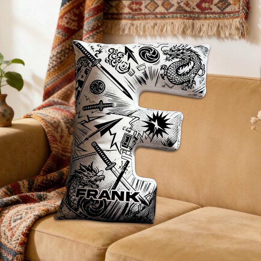 Personalized Japanese Anime Comic Style Alphabet Pillow with Custom Initial, Kids & Teens Christmas Birthday Gift