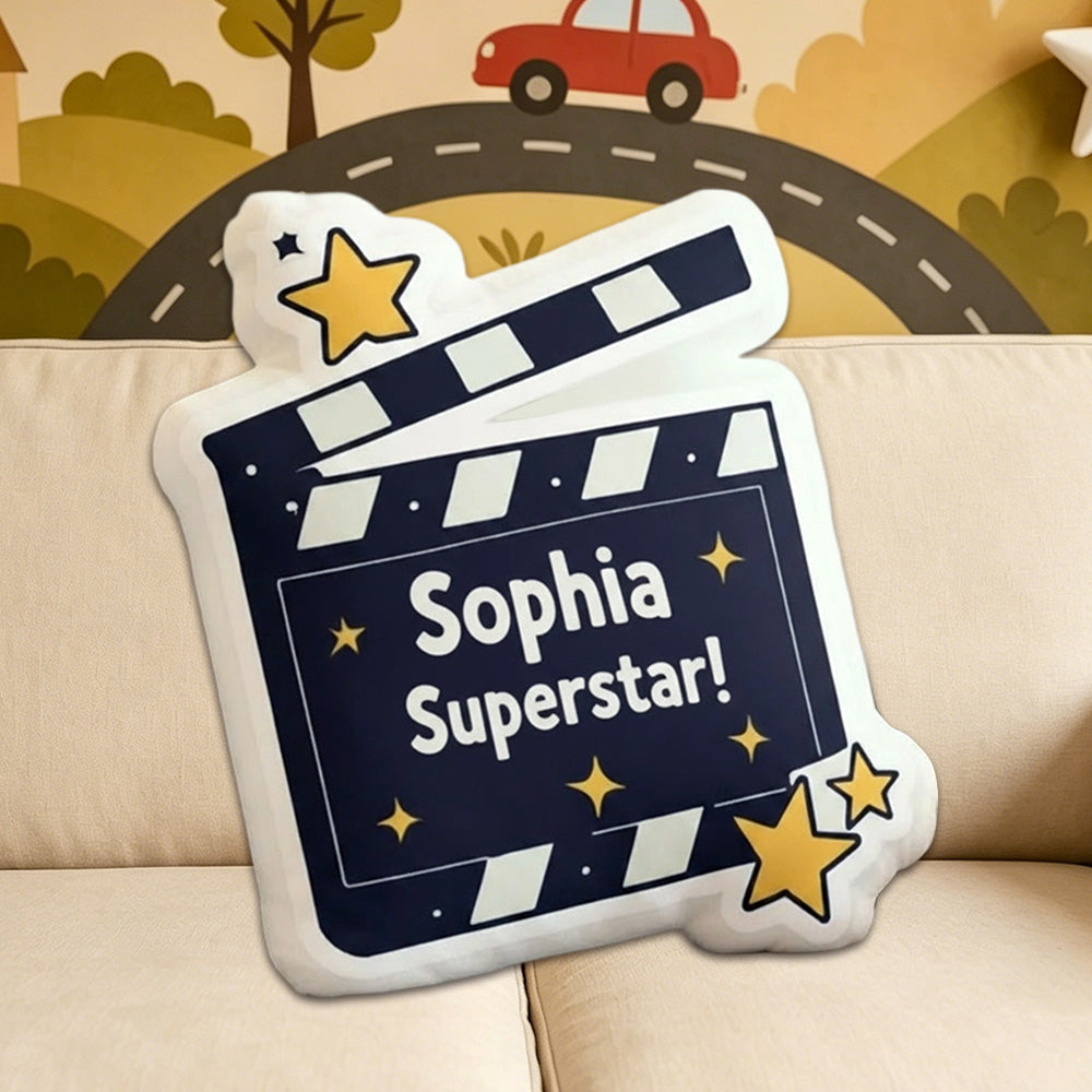 Personalized Movie Clapper Shaped Pillow with Custom Name, Kids & Family Christmas Birthday Gift Cushion