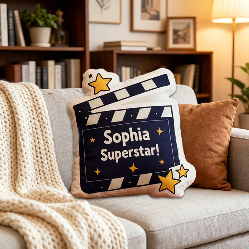 Personalized Movie Clapper Shaped Pillow with Custom Name, Kids & Family Christmas Birthday Gift Cushion