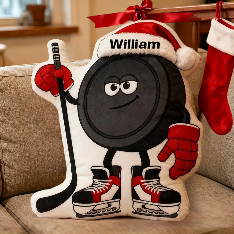 Personalized Ice Hockey Christmas Pillow with Custom Name – Festive Holiday Decor, Cozy Sports Gift for Kids, Hockey Players, and Ice Hockey Fans