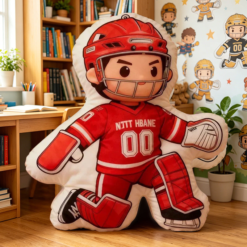 Personalized Ice Hockey Goalie Pillow with Custom Name & Jersey Number – Hockey Player Cushion, Sports Room Decor, Gift for Kids, Players, and Ice Hockey Fans