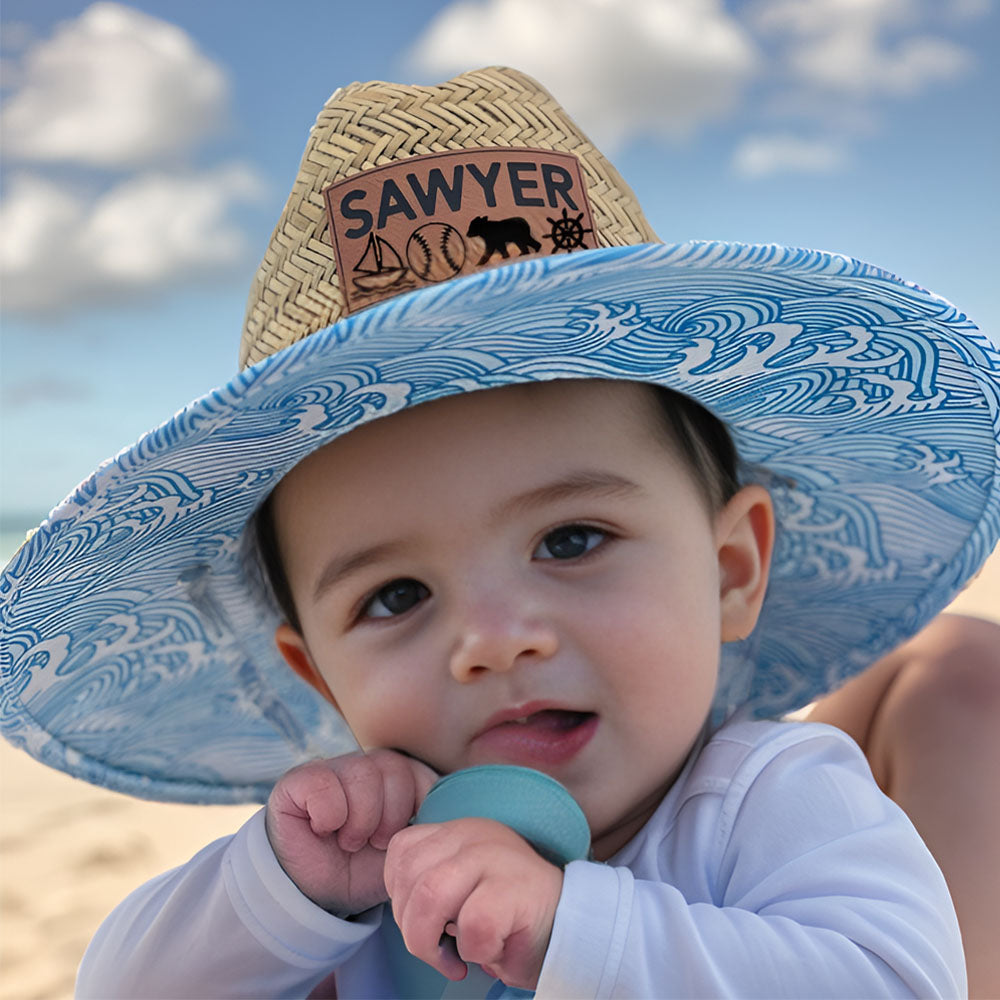 Personalized Leather Name Patch Straw Hat with Name and Symbols Sun Hat Gift for Toddler Child Adult