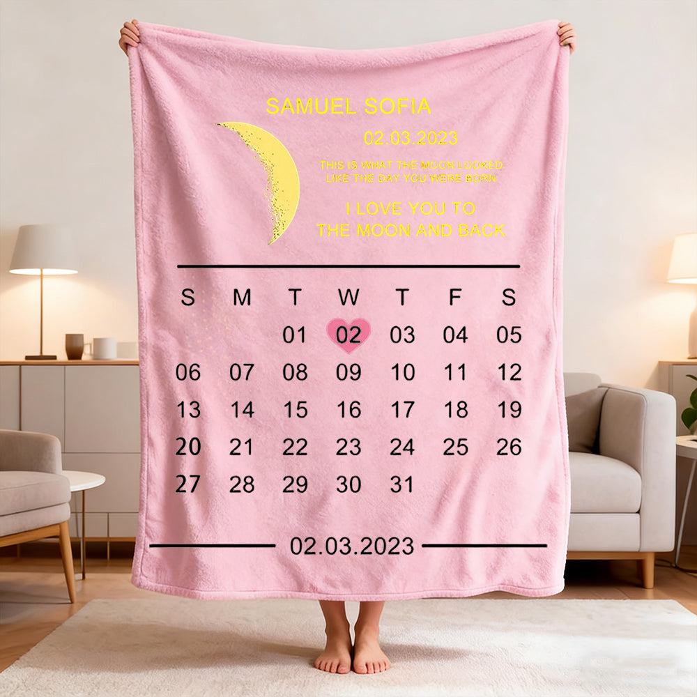 Personalized Calendar & Moon Phase Soft Fleece Blanket - Custom Name and Special Date Commemorative Gift