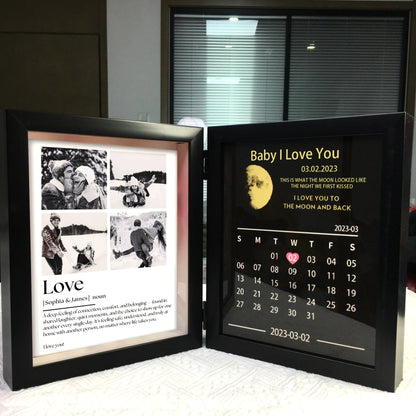 Personalized Bi-Fold Moon Phase & "Soul Mate" Definition Shadow Box: Custom "The Night We First Kissed" Moon Map & Anniversary Calendar Photo Frame