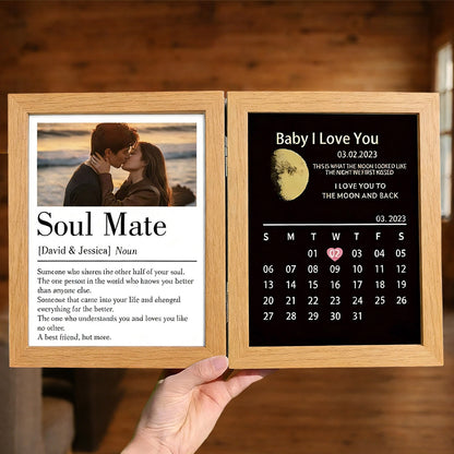 Personalized Bi-Fold Moon Phase & "Soul Mate" Definition Shadow Box: Custom "The Night We First Kissed" Moon Map & Anniversary Calendar Photo Frame