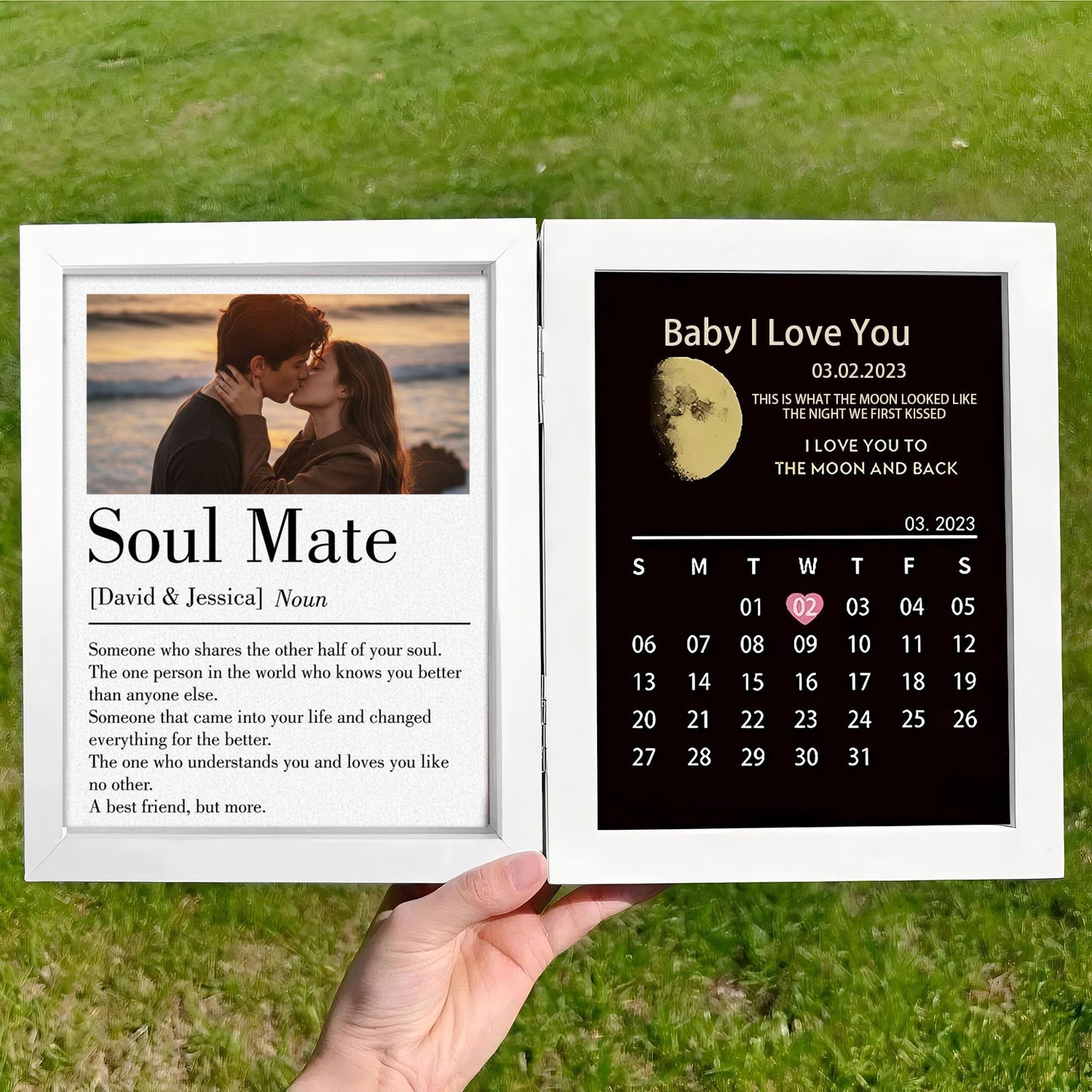 Personalized Bi-Fold Moon Phase & "Soul Mate" Definition Shadow Box: Custom "The Night We First Kissed" Moon Map & Anniversary Calendar Photo Frame