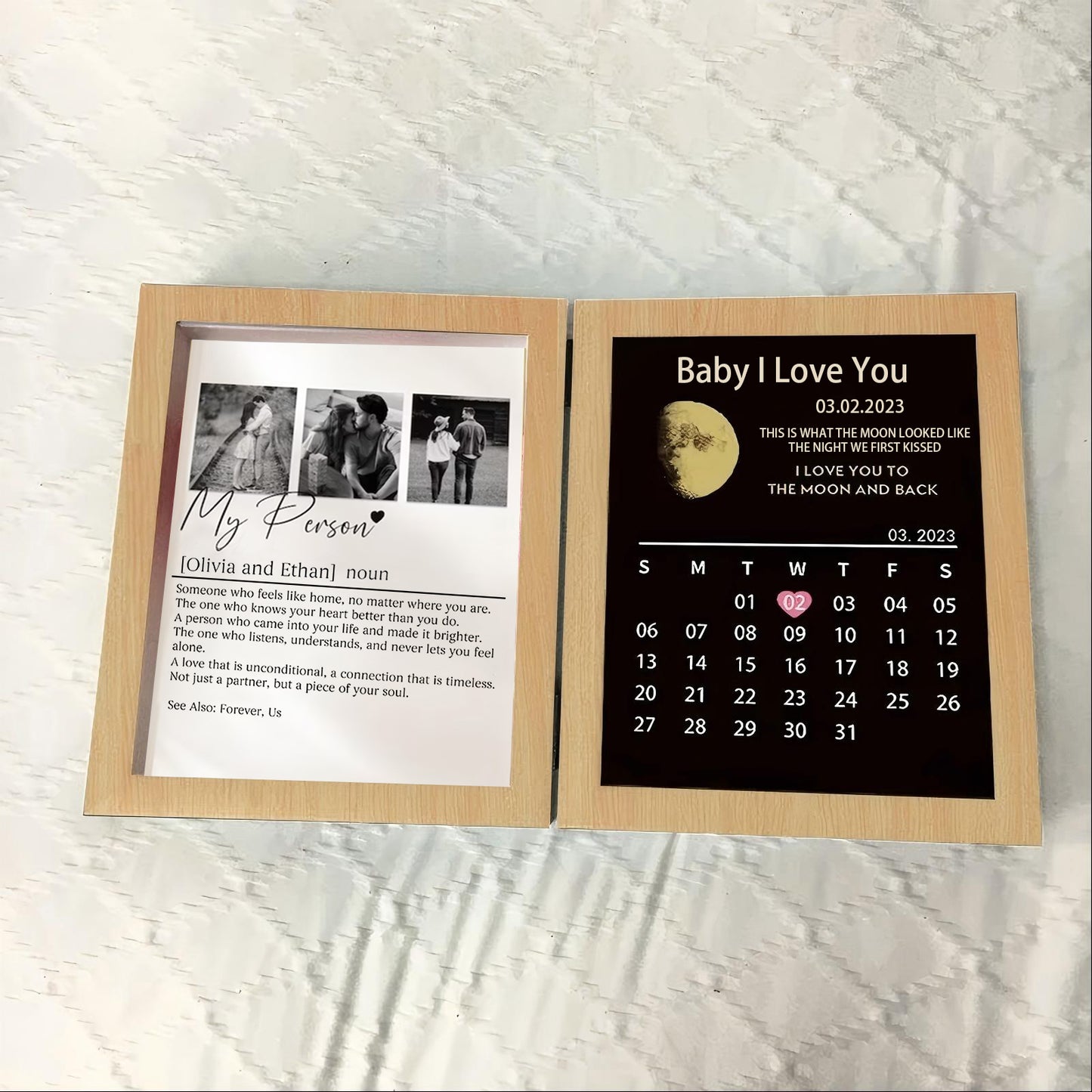 Personalized Bi-Fold Moon Phase & "Soul Mate" Definition Shadow Box: Custom "The Night We First Kissed" Moon Map & Anniversary Calendar Photo Frame