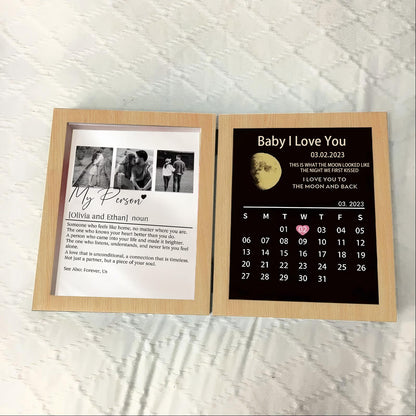 Personalized Bi-Fold Moon Phase & "Soul Mate" Definition Shadow Box: Custom "The Night We First Kissed" Moon Map & Anniversary Calendar Photo Frame
