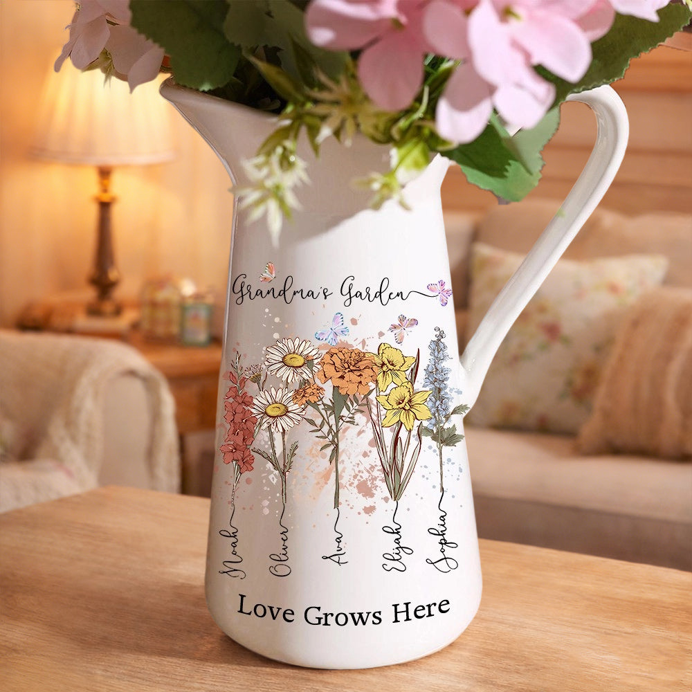 Personalized Grandma’s Garden Birth Month Flower Vase – Custom Grandkids’ Names, Perfect Mother’s Day Gift