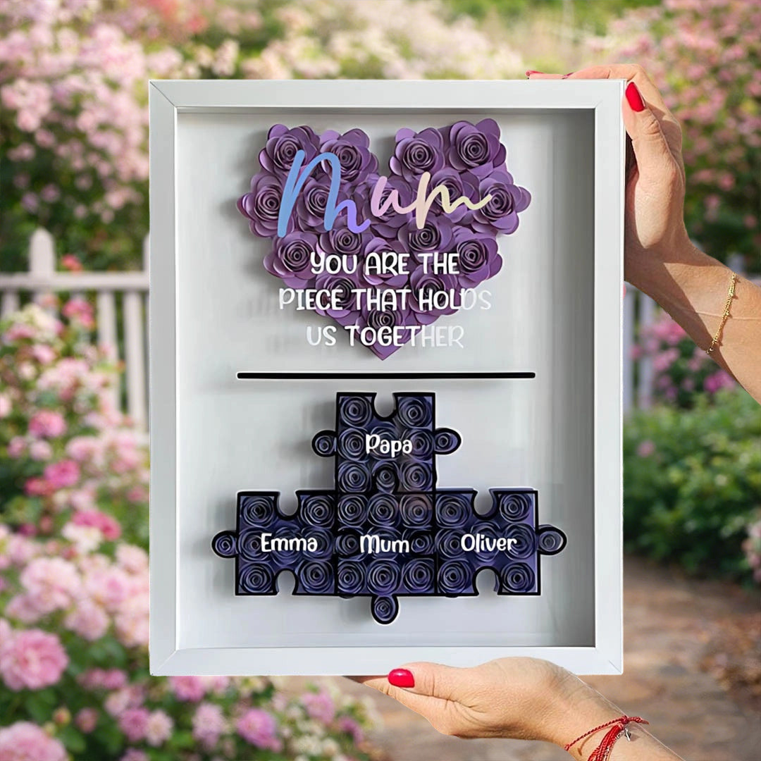 Personalized “Mom, You Are the Piece That Holds Us Together” Jigsaw Puzzle Flower Shadow Box – Perfect Mother’s Day Gift