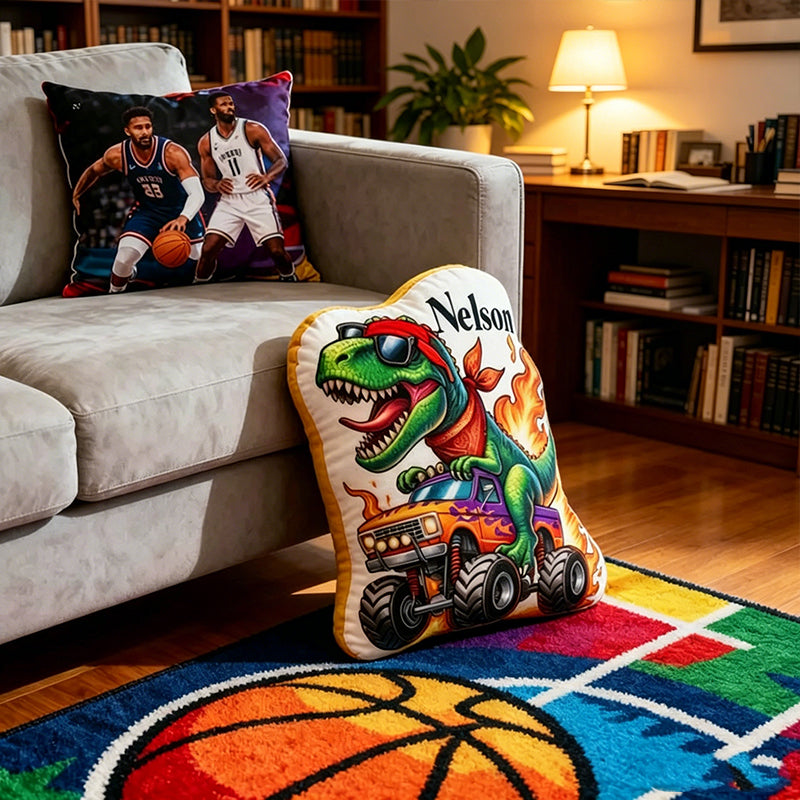 Personalized Dinosaur Monster Truck Plush Pillow – Custom Name Cushion for Kids and Motorcycle Fans
