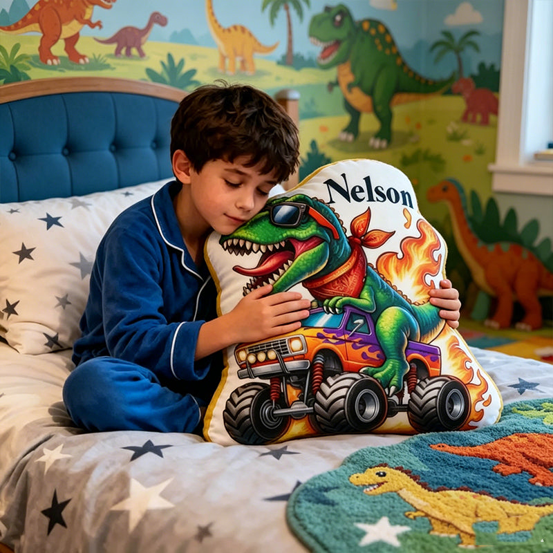 Personalized Dinosaur Monster Truck Plush Pillow – Custom Name Cushion for Kids and Motorcycle Fans