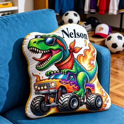 Personalized Dinosaur Monster Truck Plush Pillow – Custom Name Cushion for Kids and Motorcycle Fans
